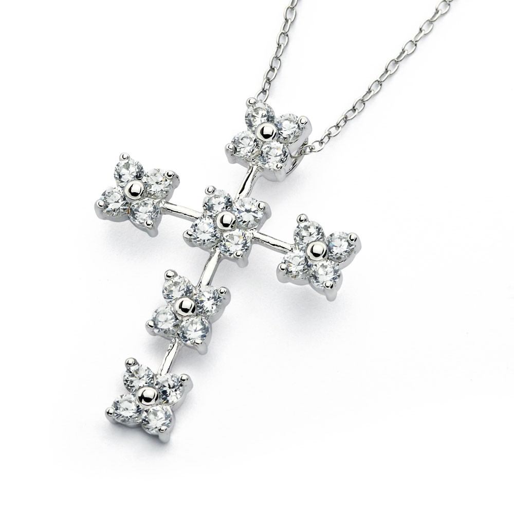 Sterling Silver Rhodium Plated Clear CZ Flower Cross Pendant Necklace