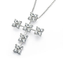 Load image into Gallery viewer, Sterling Silver Rhodium Plated Clear CZ Flower Cross Pendant Necklace