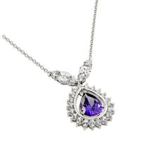 Load image into Gallery viewer, Sterling Silver Necklace with Elegant Pendant Centered with Pearshape Cut Amethyst Cz and Halo Set with Clear CzsAnd Chain Length of 16  AdjustableAnd Pendant Dimensions: 32.4MMx19MM