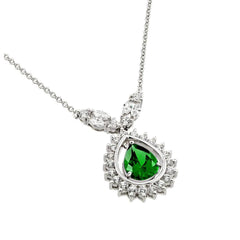 Sterling Silver Necklace with Elegant Pendant Centered with Pearshape Cut Emerald Cz and Halo Set with Clear CzsAnd Chain Length of 16  AdjustableAnd Pendant Dimensions: 32.4MMx19MM