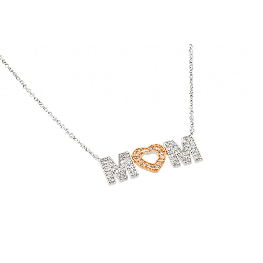 Sterling Silver Rhodium and Gold Plated Clear CZ MOM with Heart Necklace