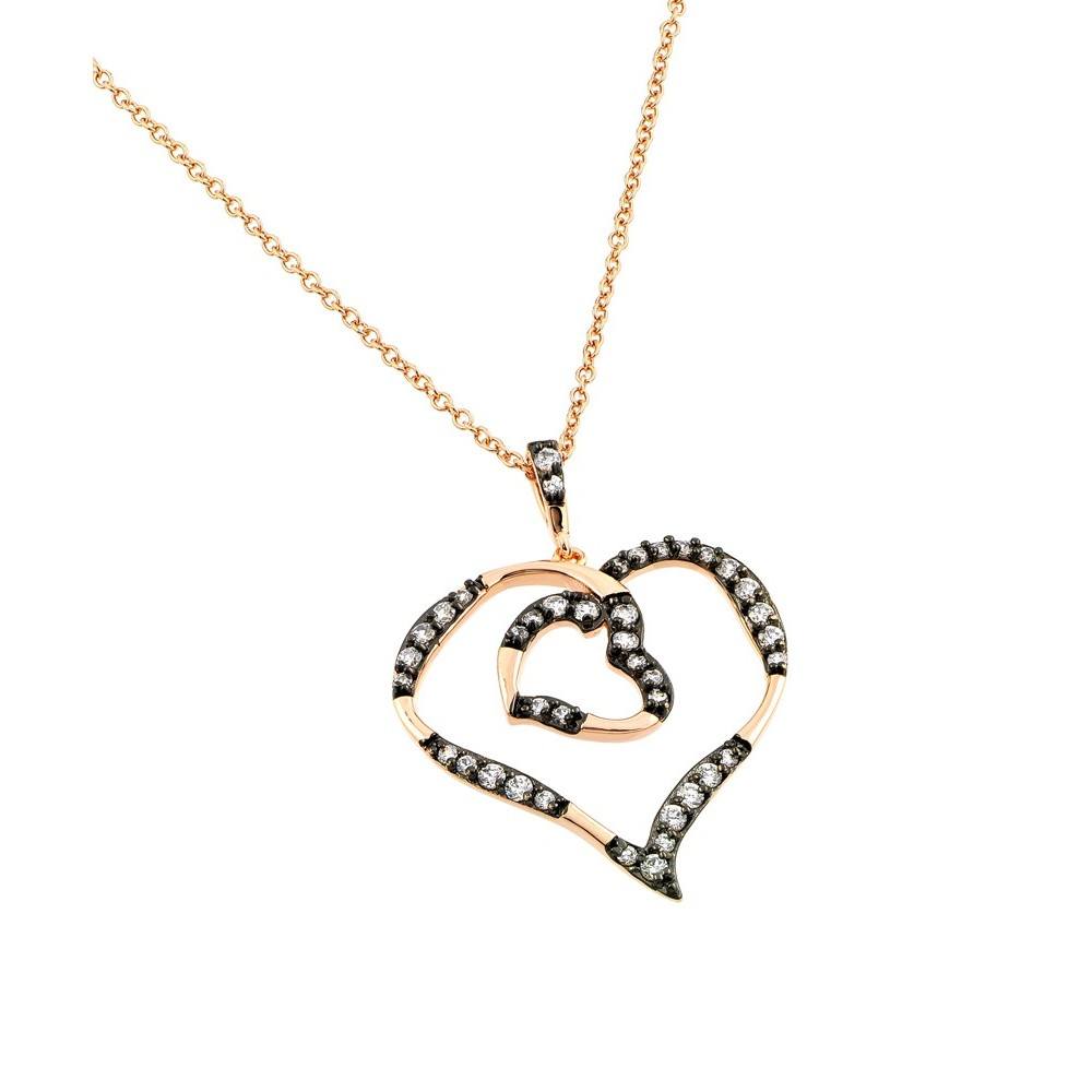 Sterling Silver Rose Gold Plated Necklace with Fancy Open Heart Pendant Inlaid with Clear Czs on Black Plated SettingAnd Chain Length of 16  AdjustableAnd Pendant Dimensions: 39MMx29.4MM