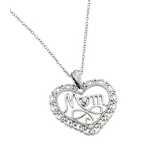 Load image into Gallery viewer, Sterling Silver Necklace with Open Filigree Heart and Centered Word  Mom  Pendant Inlaid with Single Clear CzAnd Chain Length of 16  AdjustableAnd Pendant Dimensions: 23.3MMx24.4MM