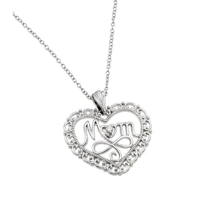 Sterling Silver Necklace with Open Filigree Heart and Centered Word  Mom  Pendant Inlaid with Single Clear CzAnd Chain Length of 16  AdjustableAnd Pendant Dimensions: 23.3MMx24.4MM