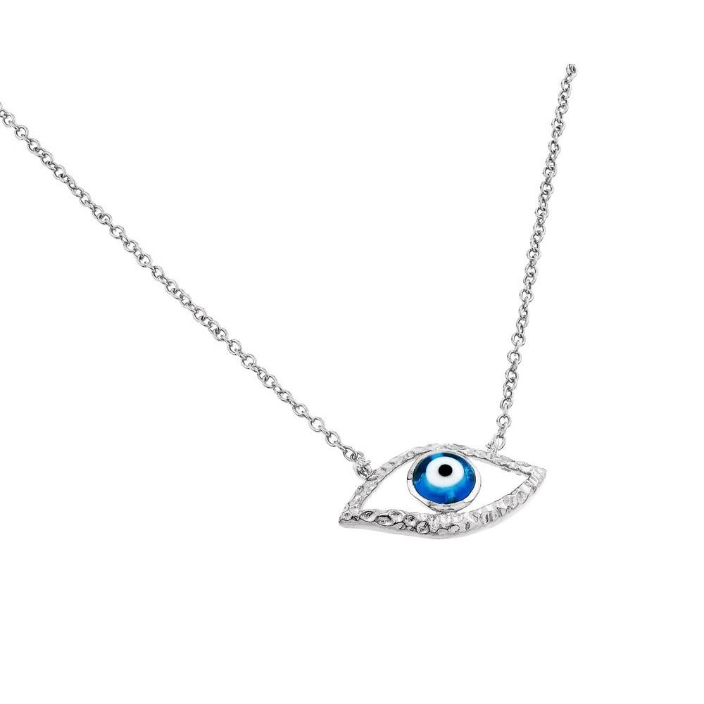 Sterling Silver Rhodium Plated Evil Eye Blue Iris Pendant Necklace