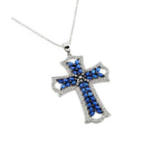 Sterling Silver Necklace with Stylish Large Cross Pendant Inlaid with Marquise Cut Blue Sapphire and Round Clear Czs on Black Plated SettingAnd Chain Length of 16  AdjustableAnd Pendant Dimensions: 51MMx3