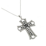 Sterling Silver Rhodium Plated Clear CZ Stone Cross in Black Setting Pendant Necklace