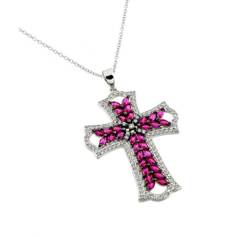 Sterling Silver Necklace with Stylish Large Cross Pendant Inlaid with Marquise Cut Hot Pink and Round Clear Czs on Black Plated SettingAnd Chain Length of 16  AdjustableAnd Pendant Dimensions: 51MMx31.5MM