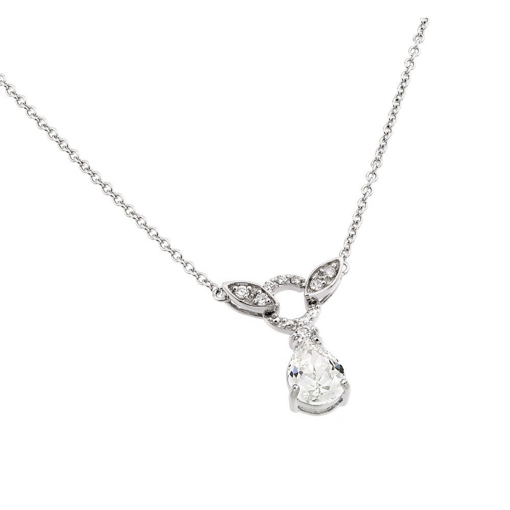 Sterling Silver Rhodium Plated Clear CZ Stone Tear Drop Shape Pendant Necklace