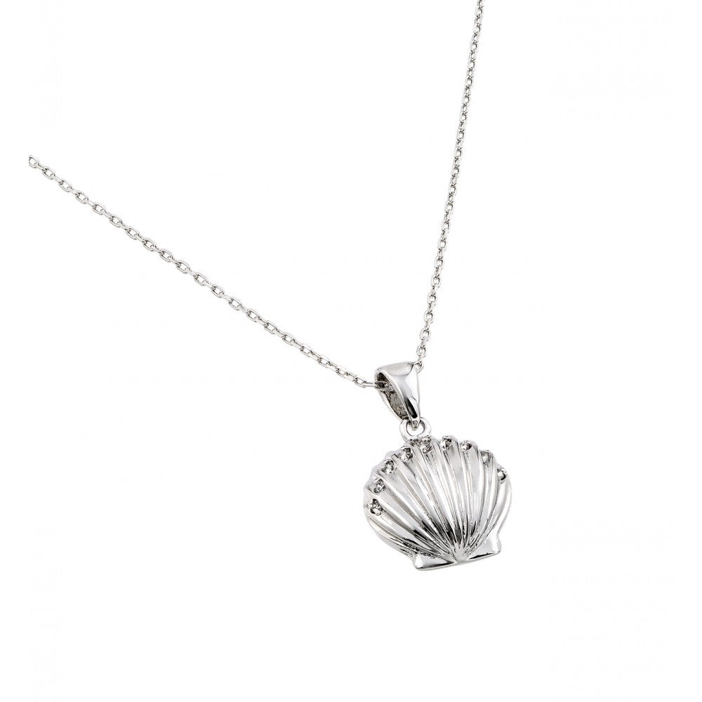 Rhodium Plated Sterling Silver Necklace with Clear CZ Inlay Clam Shell PendantAnd Adjustable Chain Length of 16-18 Inches