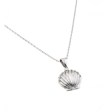 Load image into Gallery viewer, Rhodium Plated Sterling Silver Necklace with Clear CZ Inlay Clam Shell PendantAnd Adjustable Chain Length of 16-18 Inches