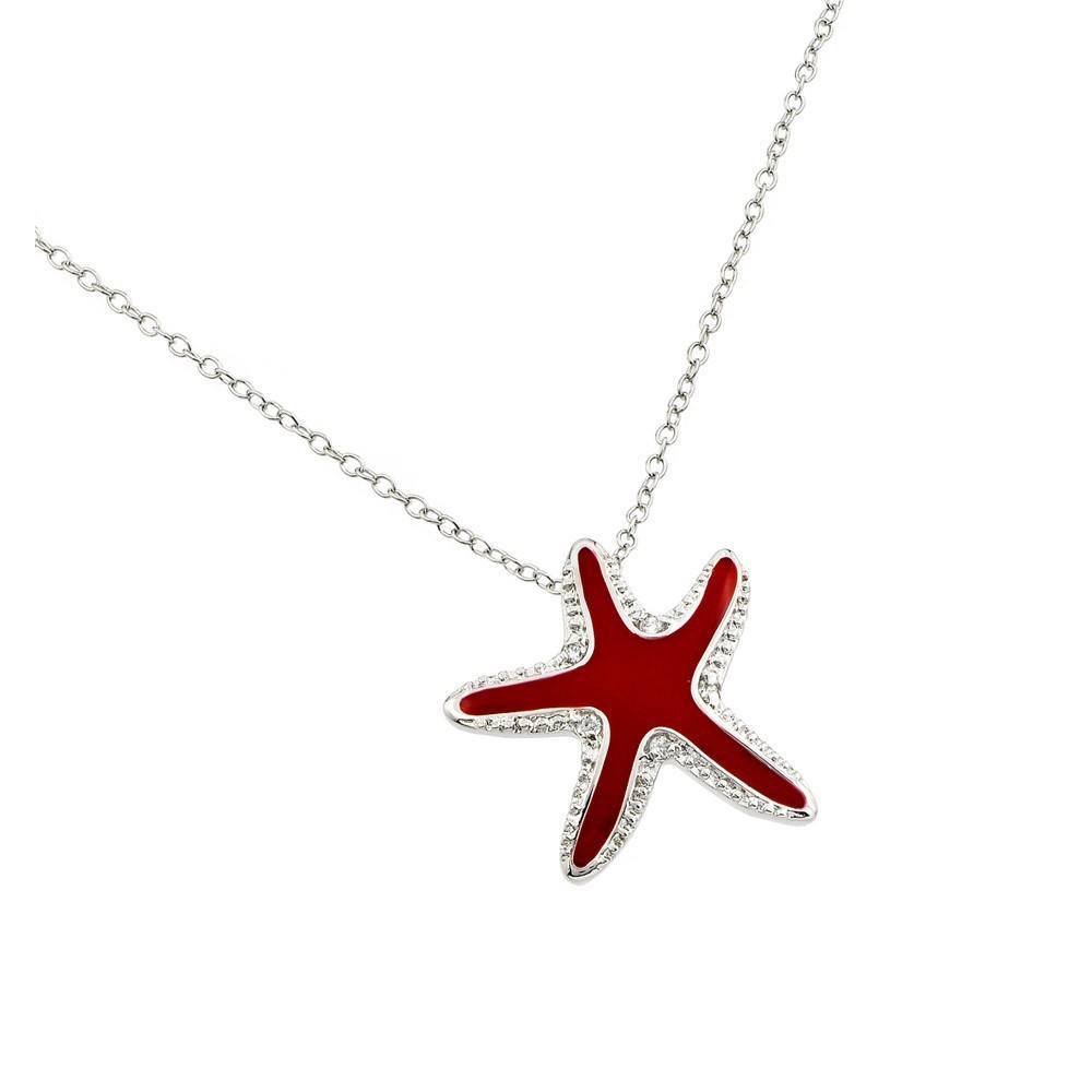 Sterling Silver Necklace with Red Enamel Starfish Inlaid with Clear Czs PendantAnd Chain Length of 18  AdjustableAnd Pendant Dimensions: 19.3MMx20.9MM