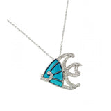 Sterling Silver Necklace with Turquoise Blue Fish Inlaid with Clear Czs PendantAnd Chain Length of 18  AdjustableAnd Pendant Dimensions: 25.6MMx28.5MM