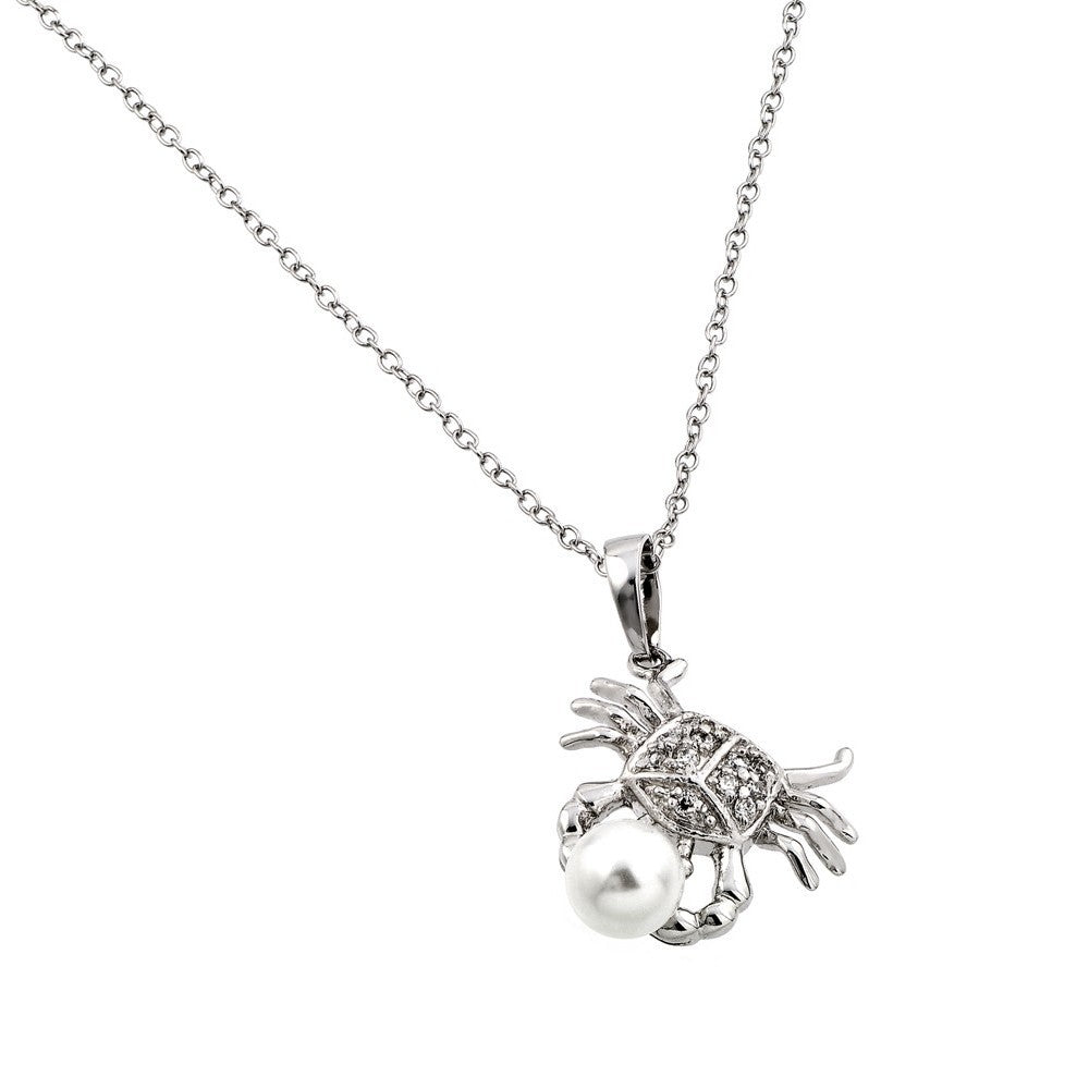 Sterling Silver Necklace with Fancy Crab Holding White Pearl Pendant Inlaid with Clear CzsAnd Chain Length of 16 -18  AdjustableAnd Pendant Dimensions: 18MMx16.6MM