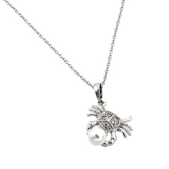 Sterling Silver Necklace with Fancy Crab Holding White Pearl Pendant Inlaid with Clear CzsAnd Chain Length of 16 -18  AdjustableAnd Pendant Dimensions: 18MMx16.6MM