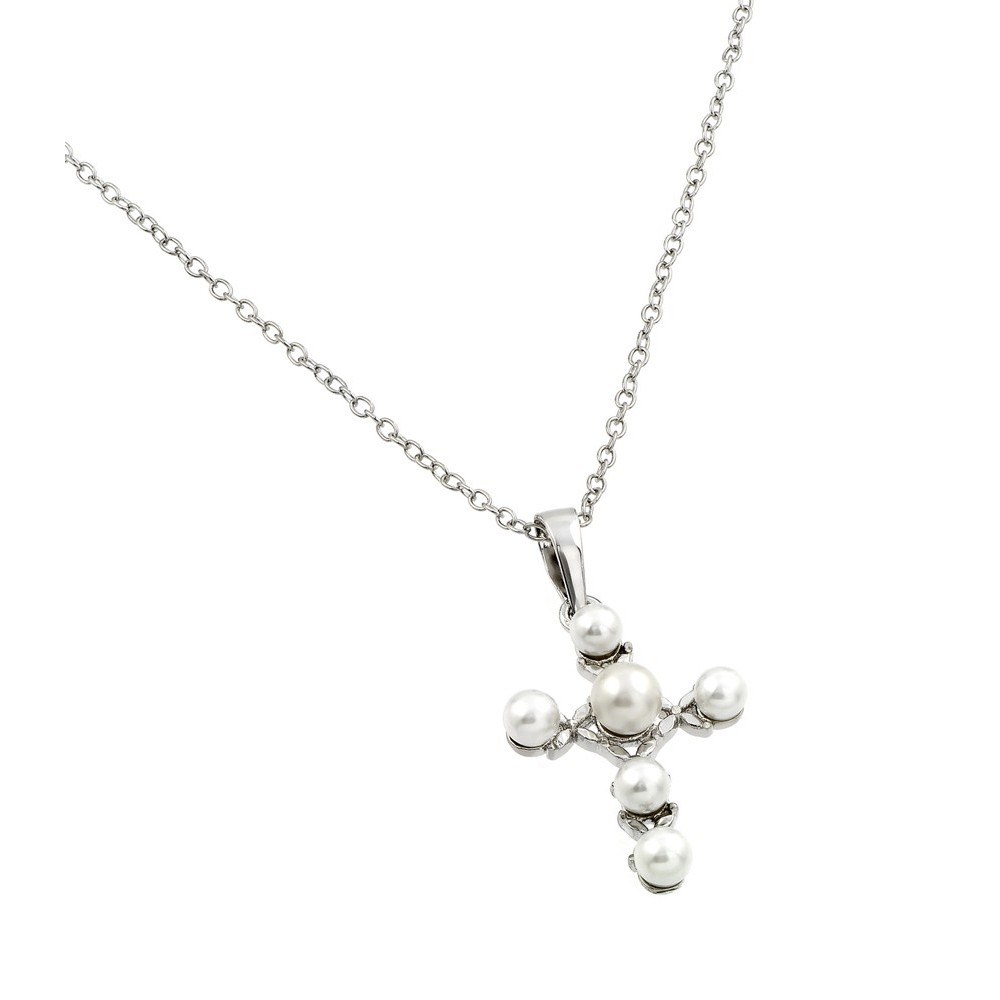 Sterling Silver Rhodium Plated Cross Pearl Pendant Necklace