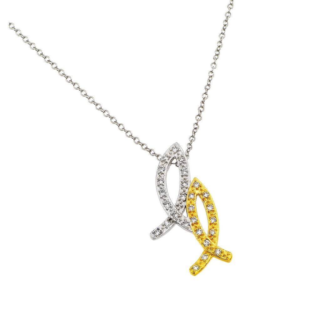 Sterling Silver Rhodium Plated and Gold Plated 2 Tone 2 Christian Fish Pendant Necklace