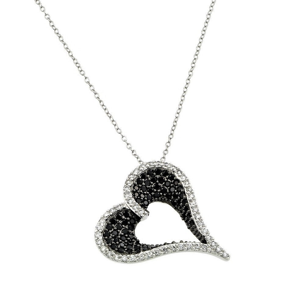 Sterling Silver Necklace with Classy Heart Pendant Inlaid with Paved Black and Clear CzsAnd Chain Length of 16 -18  AdjustableAnd Pendant Dimensions: 27.6MMx26.3MM