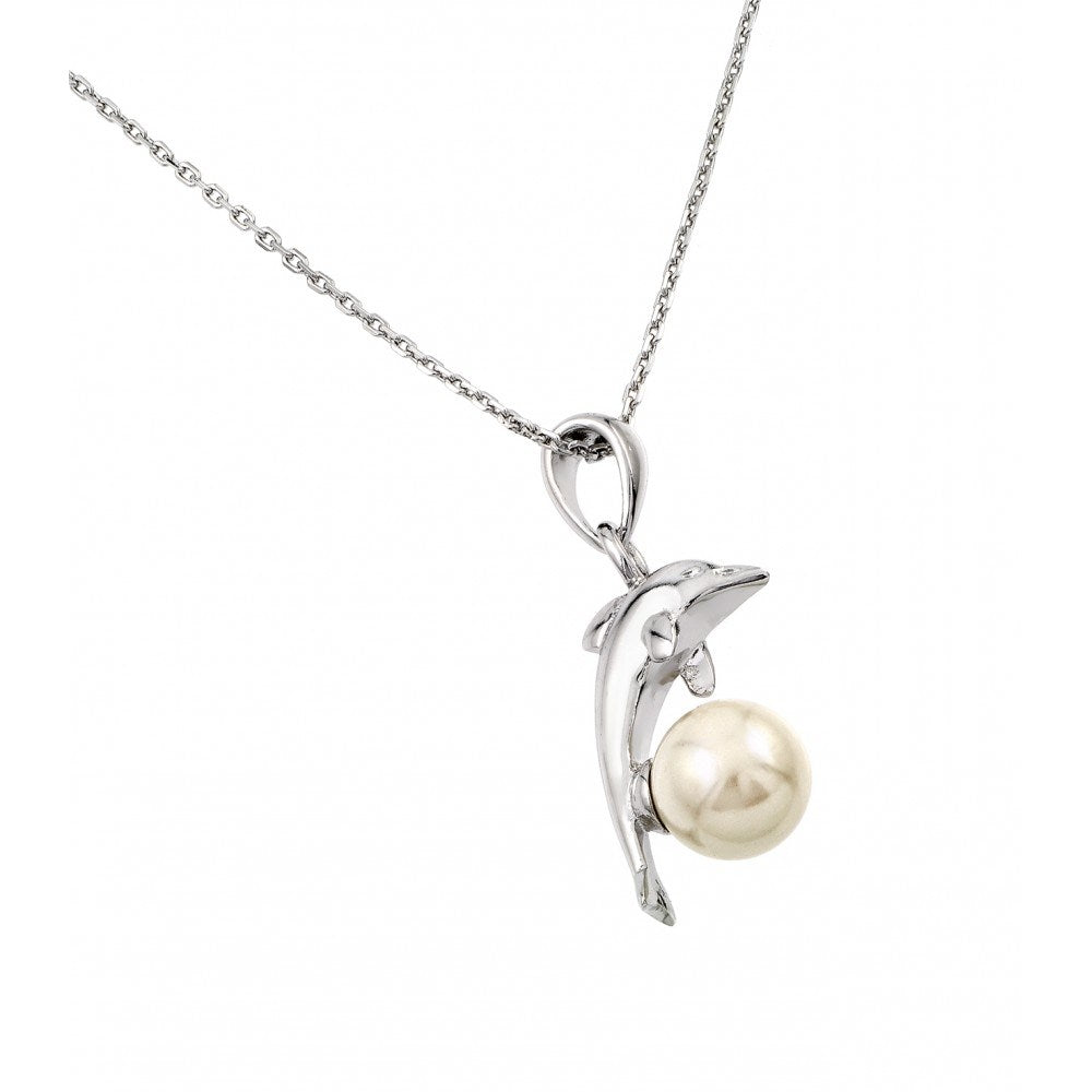 Sterling Silver Necklace with Fancy Dolphin Leaping Over White Pearl PendantAnd Chain Length of 18 And Pendant Dimensions: 67.8MMx23.4MM