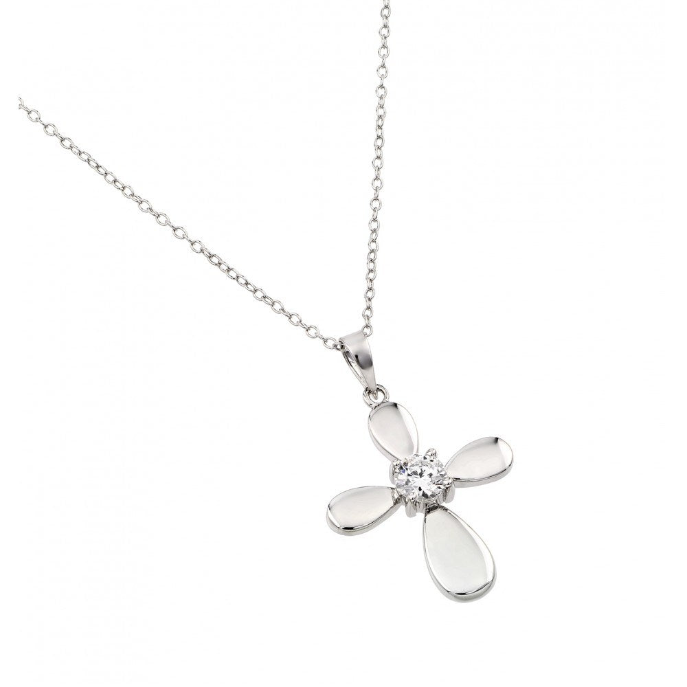 Sterling Silver Necklace with Plain Cross Inlaid with Single Clear Cz PendantAnd Chain Length of 18  AdjustableAnd Pendant Dimensions: 24.9MMx19.1MM