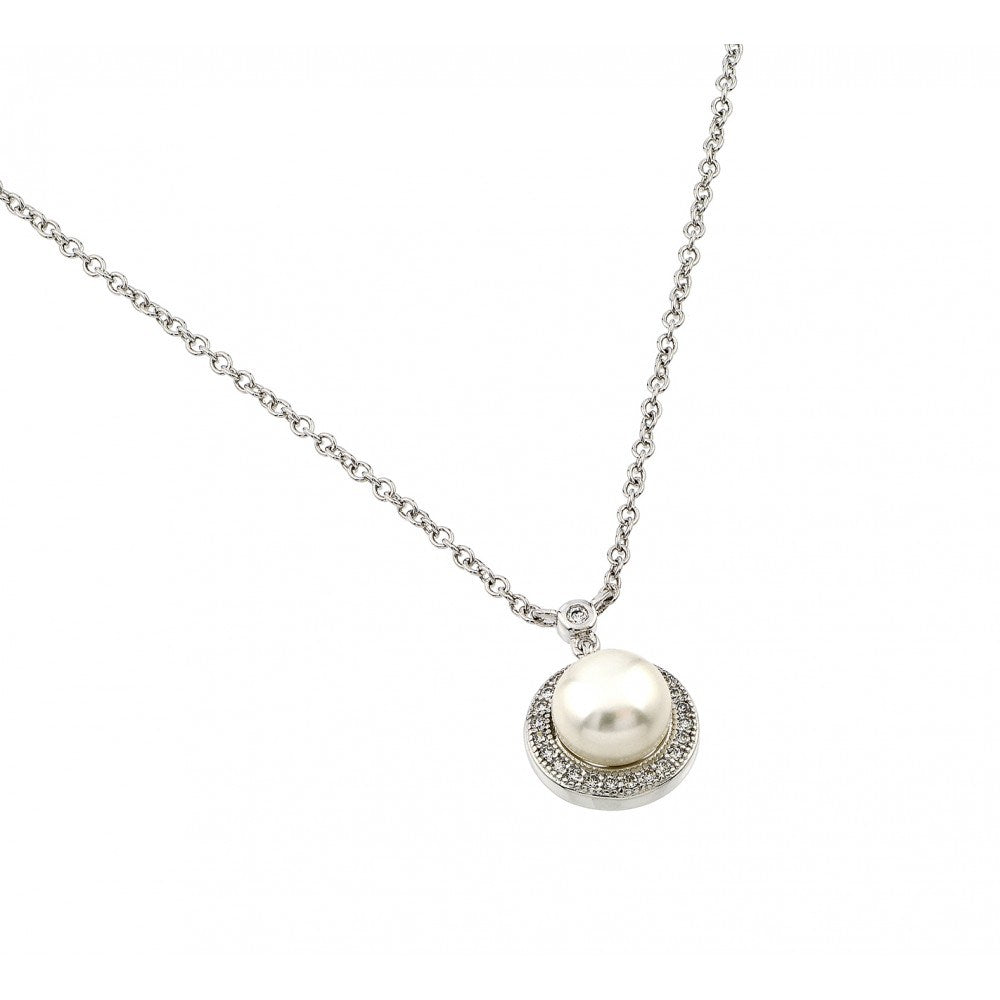 Sterling Silver Elegant Necklace with Paved Czs Circle and Centered White Pearl PendantAnd Chain Length of 16 And Pendant Dimensions: 16.8MMx11.8MM