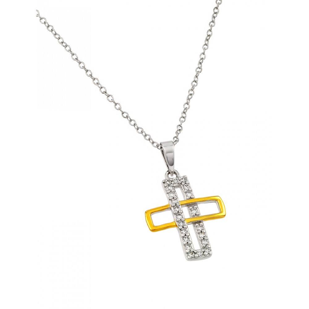 Sterling Silver Rhodium and Gold Plated Interlaced Rectangle Cross Pendant Necklace