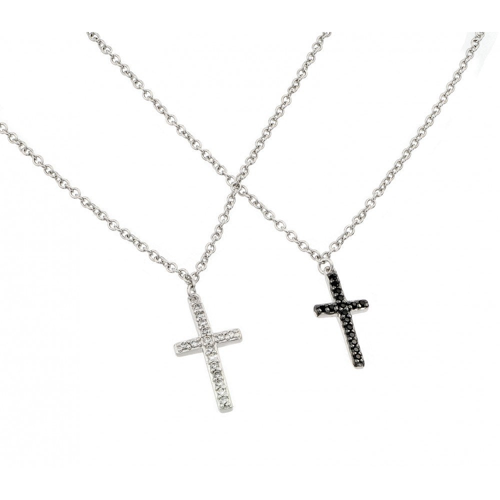 Sterling Silver Rhodium Plated Cross with Clear or Black CZ Stones Pendant Necklace
