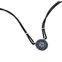 Load image into Gallery viewer, Genuine Black Leather Cord Necklace with Round Paved Blue and Clear Czs Evil Eye PendantAnd Cord Length of 16 And Pendant Diameter: 12.4MM
