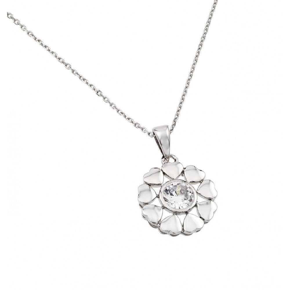 Sterling Silver Necklace with Multi Heart Flower Shaped Design Centered with Round Cut Clear Cz PendantAnd Chain Length of 18  Adjustable AndPendant Diameter: 15.5MM