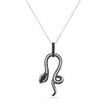 Load image into Gallery viewer, Sterling Silver Rhodium Plated Snake Black and Clear CZ Stone Pendant Necklace