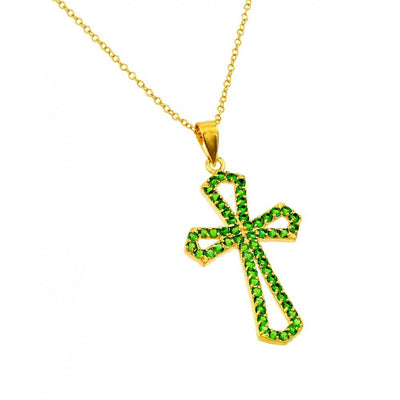 Sterling Silver Fashionable Gold Plated Open Cross Necklace with Green CZ InlayAnd Adjustable Chain Length of 16  Plus 2  Extension