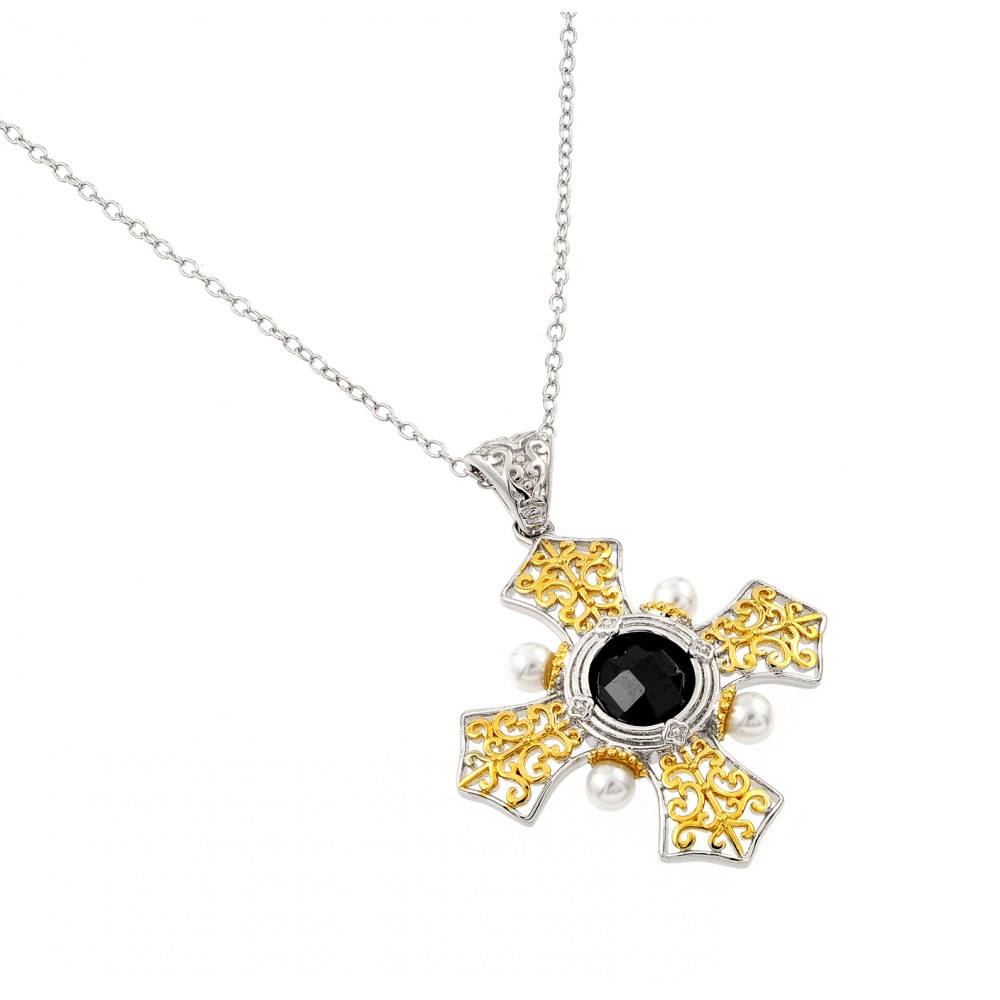 Sterling Silver Rhodium and Gold Plated Box Cross with Black CZ Stone Pendant Necklace