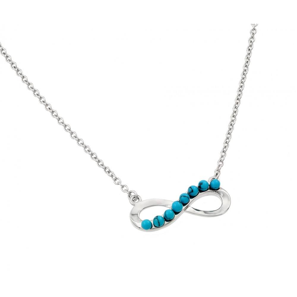 Sterling Silver Necklace with Fancy Infinity Pendant Inlaid with Turquoise BeadsAnd Chain Length of 16 -18  Adjustable.