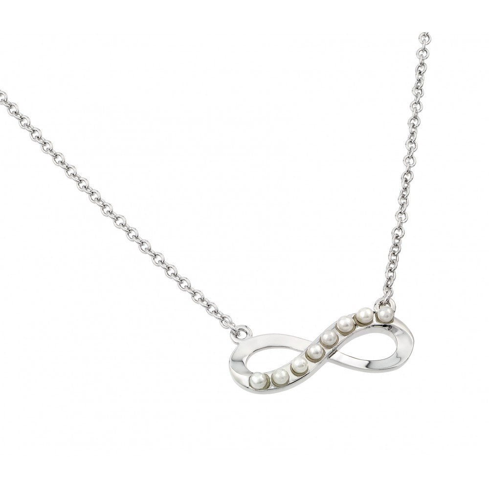 Sterling Silver Rhodium Plated Infinity with Pearls Pendant Necklace