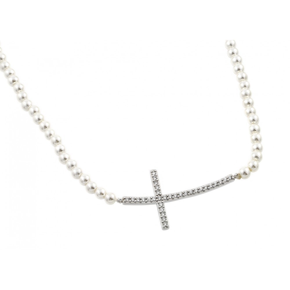 Sterling Silver White Pearl Necklace with Sideways Paved Czs Curved Cross Pendant