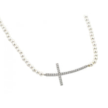 Load image into Gallery viewer, Sterling Silver White Pearl Necklace with Sideways Paved Czs Curved Cross Pendant