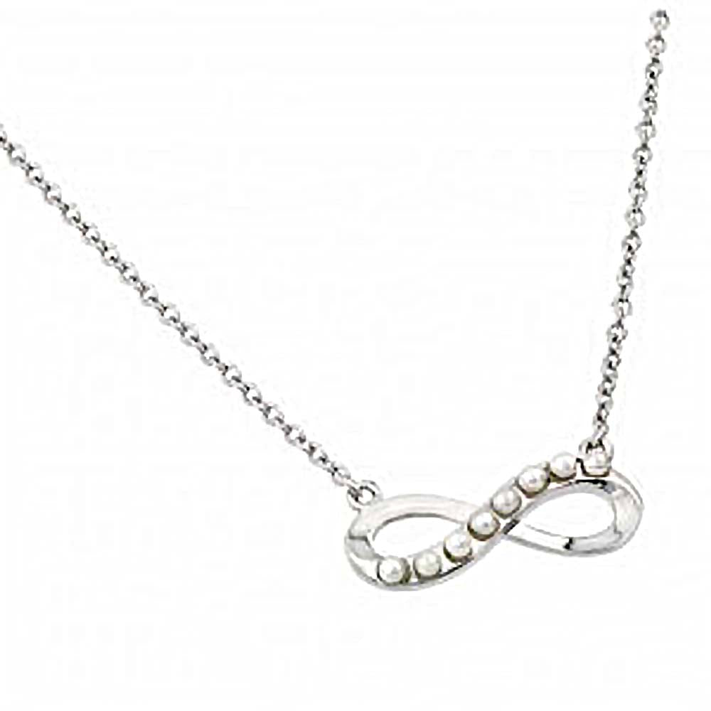 Sterling Silver Necklace with Fancy Infinity Pendant Inlaid with White PearlsAnd Chain Length of 16 -18  Adjustable.