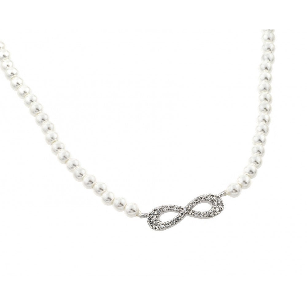 Sterling Silver White Pearl Necklace with Paved Czs Infinity PendantAnd Chain Length of 16  with 2  ExtensionAnd Pendant Dimension: 23.1MMx6.4MM