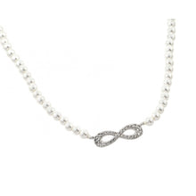 Load image into Gallery viewer, Sterling Silver White Pearl Necklace with Paved Czs Infinity PendantAnd Chain Length of 16  with 2  ExtensionAnd Pendant Dimension: 23.1MMx6.4MM