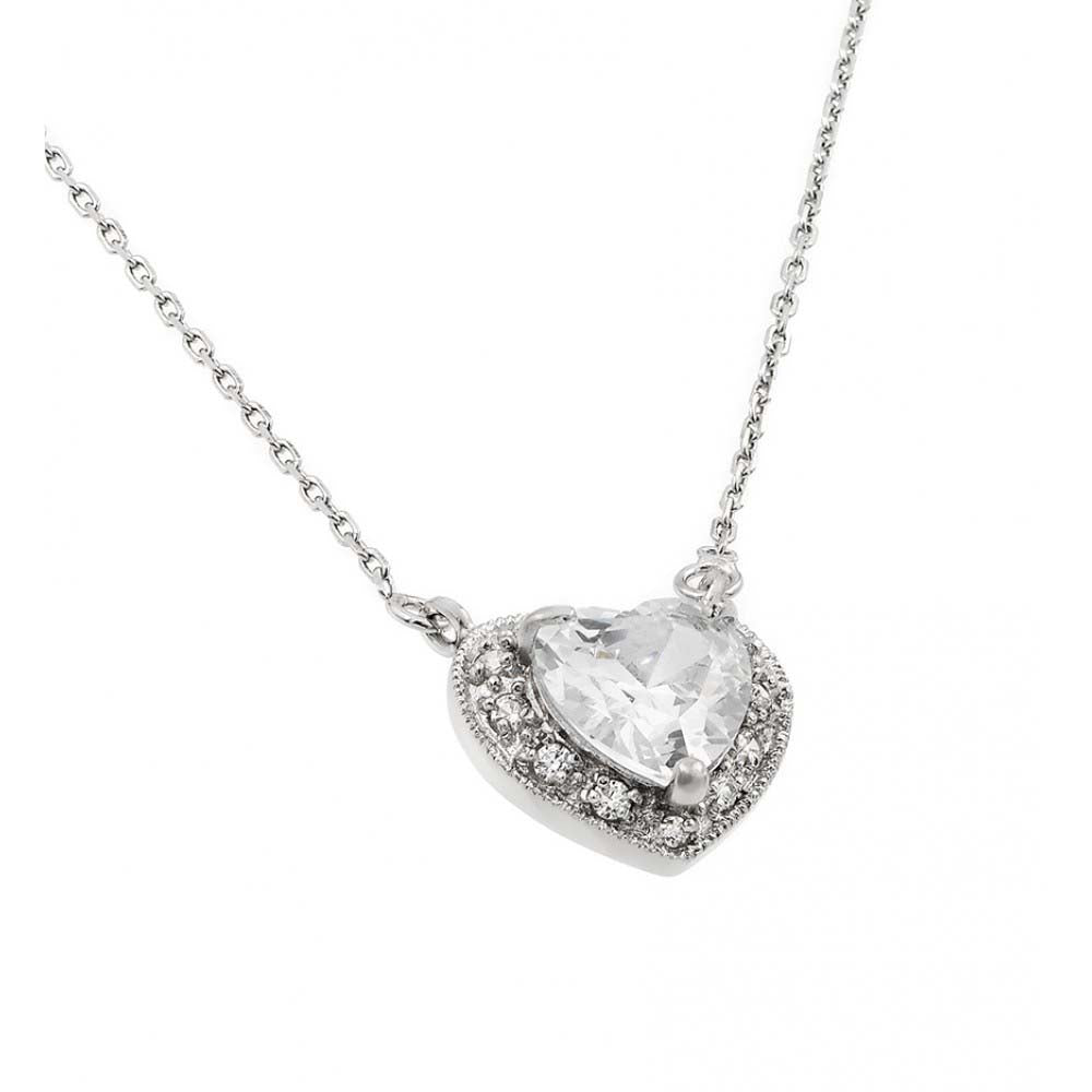 Sterling Silver Rhodium Plated Heart Shaped April Birthstone Pendant Necklace With Diamond And Clear CZ