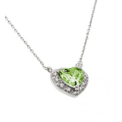 Sterling Silver Rhodium Plated Heart Shaped August Birthstone Pendant Necklace With Peridot And Clear CZ