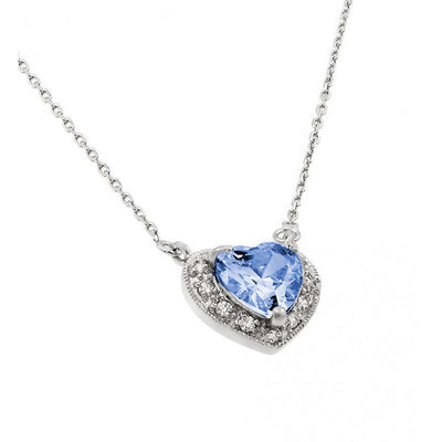 Sterling Silver Rhodium Plated Heart Shaped December Birthstone Pendant Necklace With Zircon And Clear CZ