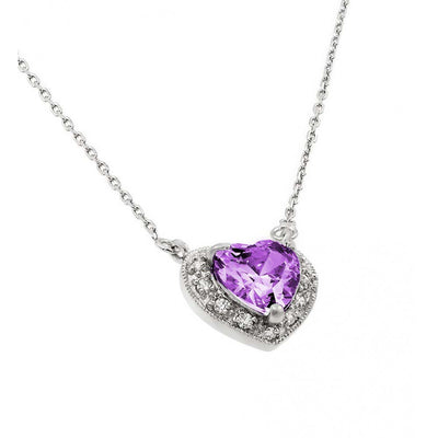 Sterling Silver Rhodium Plated Heart Shaped February Birthstone Pendant Necklace With Amethyst And Clear CZ