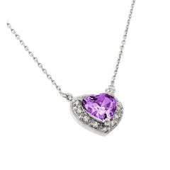 Sterling Silver Rhodium Plated Heart Shaped February Birthstone Pendant Necklace With Amethyst And Clear CZ