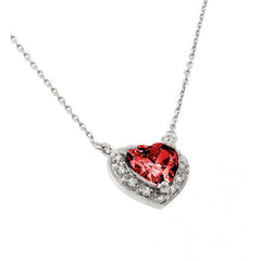 Sterling Silver Rhodium Plated Heart Shaped January Birthstone Pendant Necklace With Garnet And Clear CZ