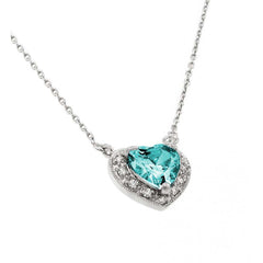 Sterling Silver Rhodium Plated Heart Shaped March Birthstone Pendant Necklace With Aquamarine And Clear CZ