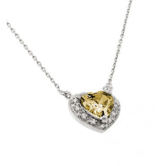 Sterling Silver Rhodium Plated Heart Shaped November Birthstone Pendant Necklace With Citrine And Clear CZ