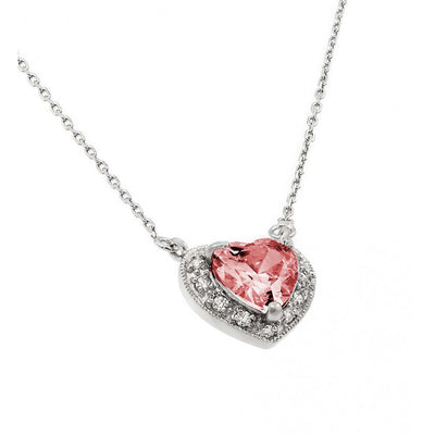 Sterling Silver Rhodium Plated Heart Shaped October Birthstone Pendant Necklace With Rose And Clear CZ