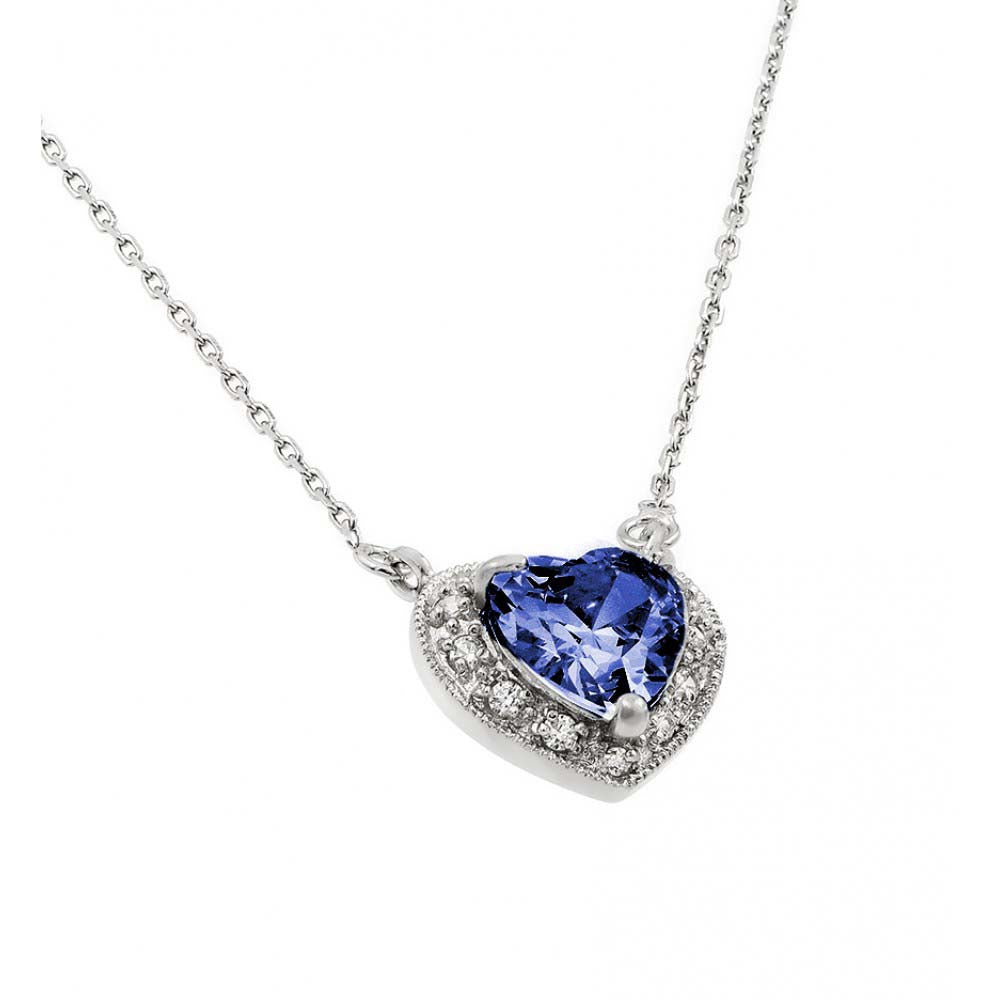 Sterling Silver Rhodium Plated Heart Shaped September Birthstone Pendant Necklace With Sapphire And Clear CZ