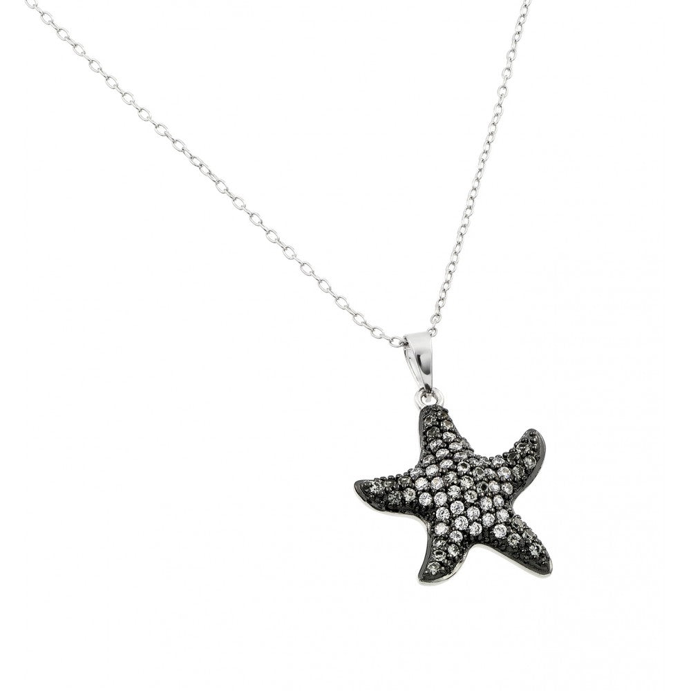 Sterling Silver Black Rhodium Plated Clear CZ Star Fish Pendant Necklace